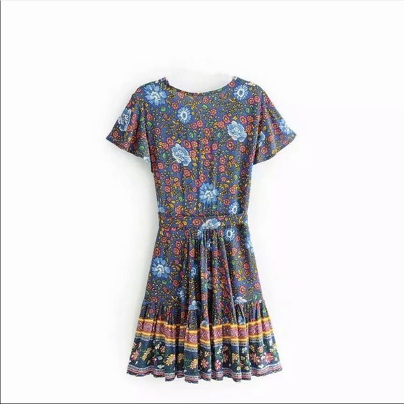 Navy Blue Boho Floral Gypsy Print Wrap Dress - Picture 5 of 6